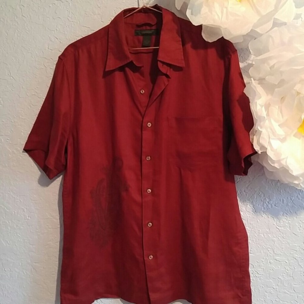Express Red Linen Short Sleeves Front Pocket Embroidery Front Shirt SZ M